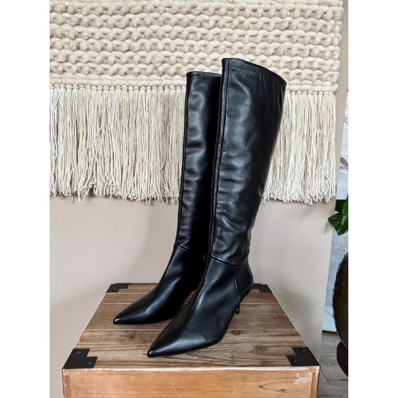 SOULIERS MARTINEZ Elena Black Leather Knee High 60mm Kitten Heel Boots - Picture 1 of 12